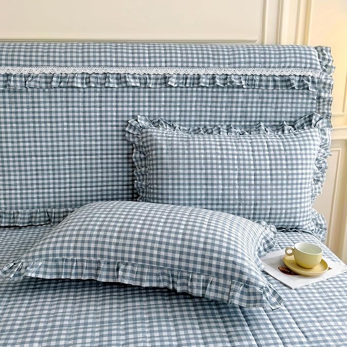 LifeTB Queen Comforter Set Blue Gingham Comforter Vintage Ruffle Plaid Checkered Pattern Comforter Set Queen Fluffy Soft Gingham Bedding Set Farmhouse Plaid Grid Bed Comforter with 2 Pillowcases