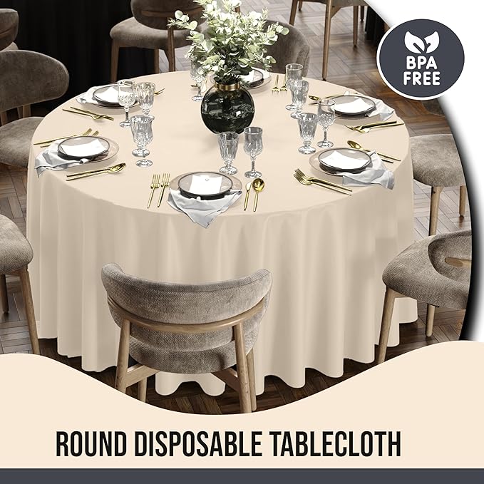 Party Solids 12-Pack Ivory Round Plastic Tablecloth Disposable ??Size: 108 Inches ??Round Plastic Table Cloths for Parties, Picnics & Formal Events