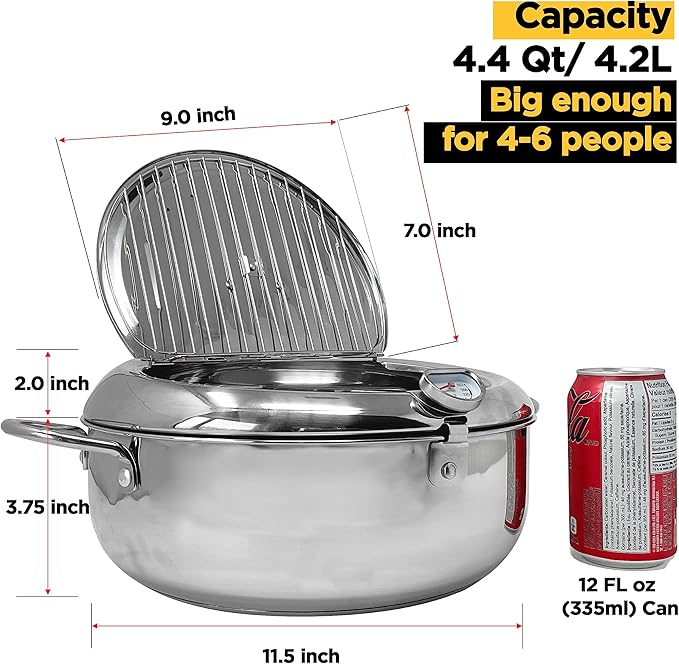 Deep Fryer Pot (째F), 11"/4.4Qt (4.2 L) Extra Large Tempura Frying Pot with Lid, 304 Stainless Steel Fry Pot with Fahrenheit Thermometer and Oil Drip Drain Rack