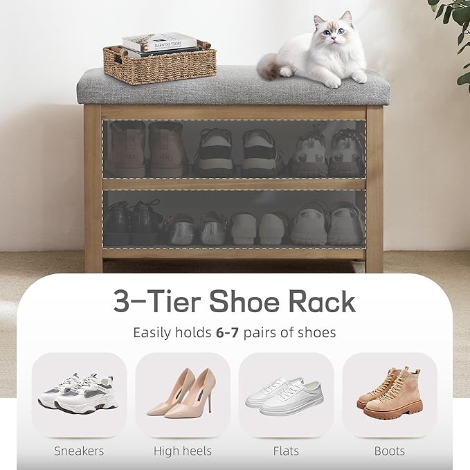 Zihanhome Shoe Rack Bench with Cushion, 2 Tier Solid Wood Storage Bench, Mid-Century Modern Shoe Bench for Entryway, Hallway, Closet, Front Door Entrance, Foyer (Grey, 31.5")