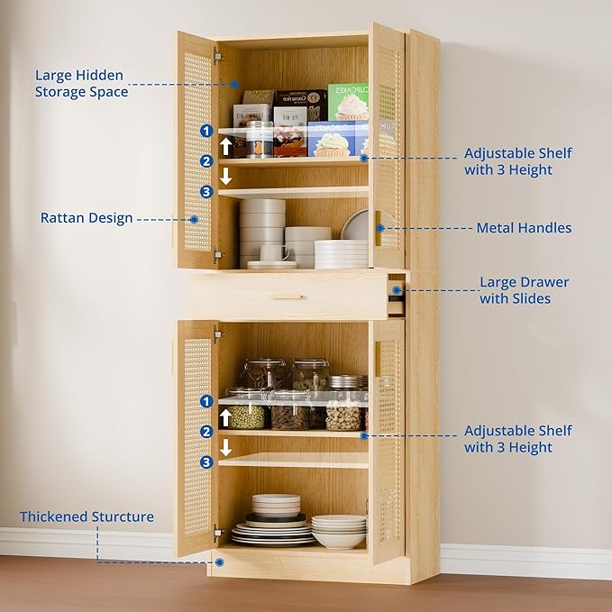 Cozy Castle Kitchen Pantry Cabinet, 71" Tall Rattan Doors Storage Cabinet with Large Drawer and Adjustable Shelves, Freestanding Rattan Pantry Cabinets for Kitchen, Dining Room, Living Room, Oak