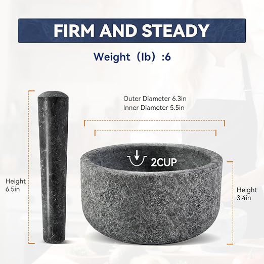 Koville Granite Mortar and Pestle Set, 6.3"-2 Cups Unpolishesd Stone Grinder Bowl for Guacamole, Salsa, Pill Crusher, Spice, Herb, Garlic, Nut, Heavy Duty Grinder for Kitchen(Angola Silver Black)