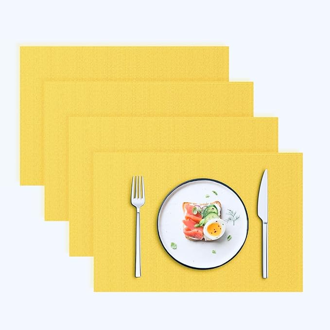 Blue Forest | Rectangular Faux Linen Placemats Set of 4 | Dual- Layered Thickened for Durability | Heat Resistant | Machine Washable | Wrinkle Free for Easy Care Indoor/Outdoor Use - Bright Yellow