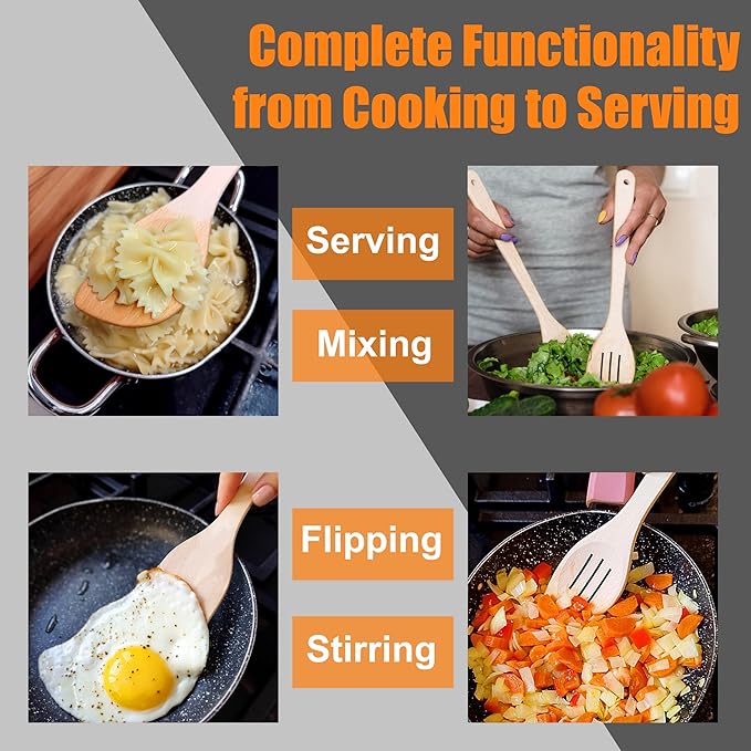 ECOSALL Healthy Wooden Spoons For Cooking Set of 6. Safe and Reliable Cooking Utensils for Kitchen ??100% Natural Nonstick Wood Spatula Spoon For Scraping, Stirring, Serving ??Uncoated Solid Hardwood
