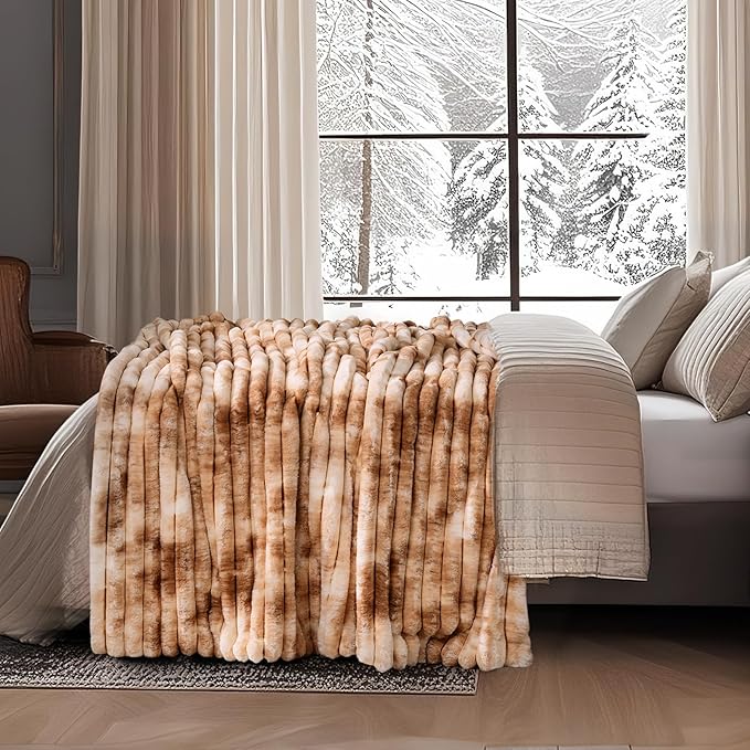 Am챕lie Home Faux Fur Throw Blanket for Couch, Cozy Fuzzy Fluffy Fur Luxurious Soft Striped Plush Gift Blankets for Family Sofa Chair Bedroom, 55"x70", Tie-dye Khaki