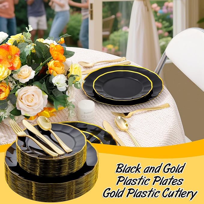 EI 150pcs Black Plastic Plates,Black and Gold Fancy Plate,Gold Plastic Silverware,Black and Gold Dinnerware Set,Premiun Heavy Duty Taleware,Perfect for Party,Wedding,Business Events,Hotel Banquets
