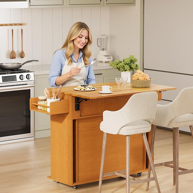 DHH Rolling Kitchen Island with Drop Leaf Countertop&Ample Storage - 39.4" Small Mobile Kitchen Cart On Wheels with Sliding Door,Drawers,Spice Rack & 2-Tier Storage (Yellow Walnut)