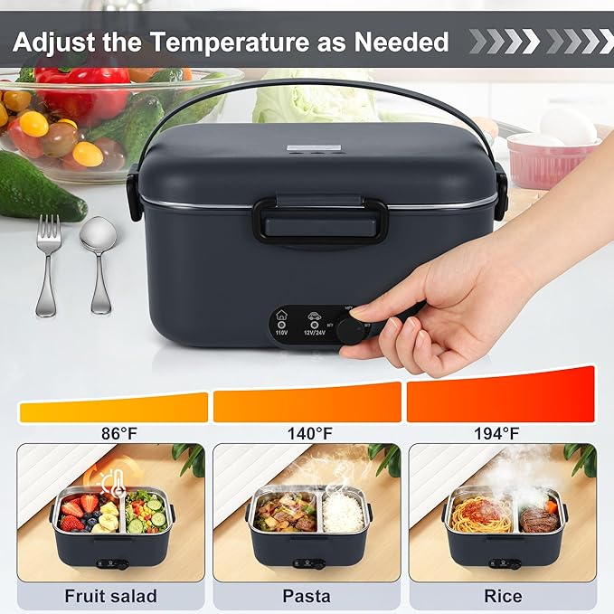 Electric Lunch Box Food Warmer 1.8L - 100W Mechanical Temperature Control Heated Lunch Box for Adults, 12V/24V/110V Fast Heating Lunchbox Food Heater for Work/Car/Truck, Fiambrera el챕ctrica port찼til