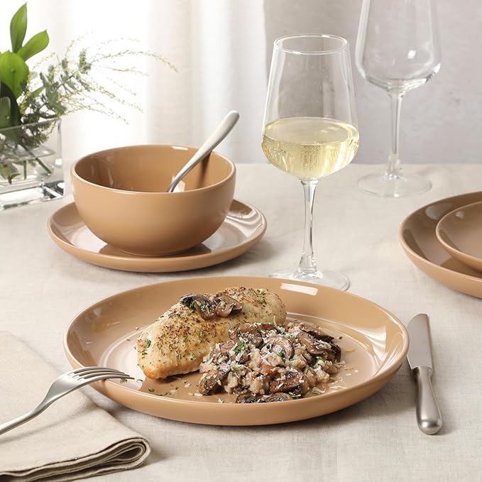 Gibson Home Rockaway 12-Piece Round Stoneware Dinnerware Set, Service for 4 ??Beige Plates and Bowls, Modern Matte Finish, Microwave & Dishwasher Safe