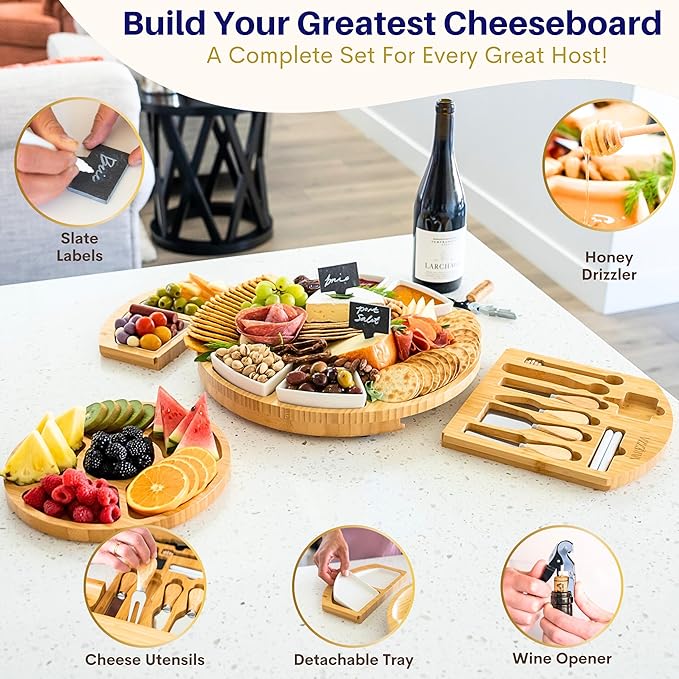 Extra Large Charcuterie Boards Gift Set: 16 in Round Bamboo Cheese Board and Knife Set, Cheese Tray - Unique for Mom, Wedding Gifts for Couple, House Warming Gifts New Home