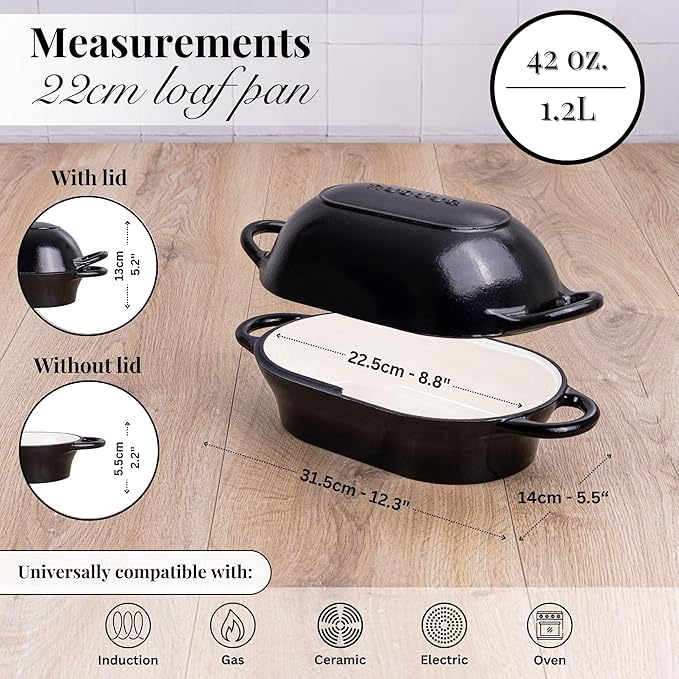 nuovva Dutch Oven For Sourdough Bread Baking ??Enamelled Cast Iron Bread Loaf Pot ??Oven Safe Non Stick Bread Pot ??Rectangular, Black, 24cm x 16cm