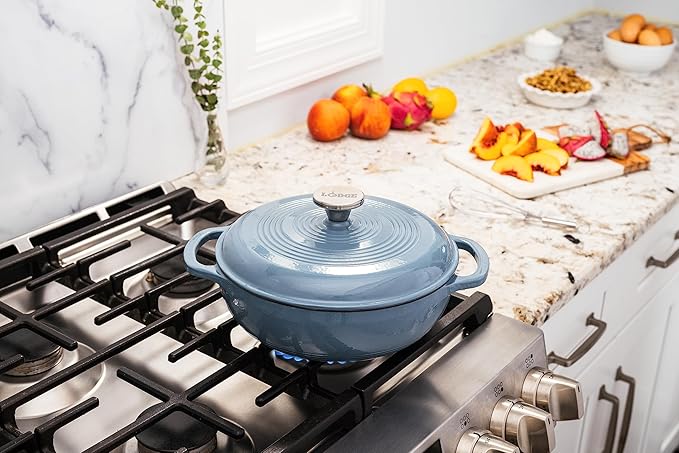 Lodge 3 Quart Enameled Cast Iron Dutch Oven with Lid ??Dual Handles ??Oven Safe up to 500째 F or on Stovetop - Use to Marinate, Cook, Bake, Refrigerate and Serve ??Storm Blue