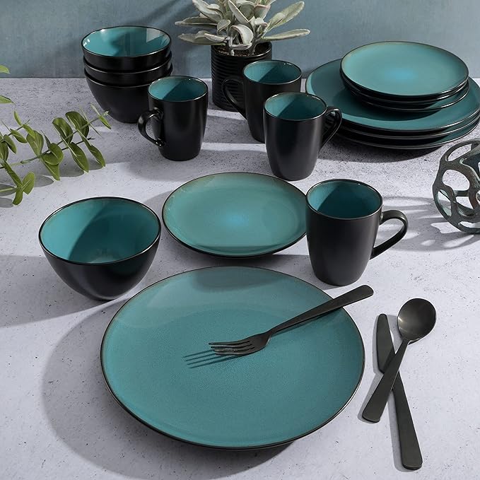 Gibson Elite Soho Lounge 16-Piece Round Reactive Glaze Stoneware Dinnerware Set, Service for 4 ??Teal Plates and Bowls