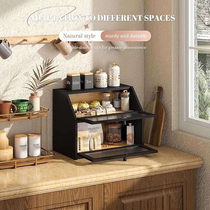 Bread Box for Kitchen Countertop Bin Double Layer Bread Box Storage Container Extra Large Capacity Farmhouse with Diamond Pattern Windows (Black, Large)