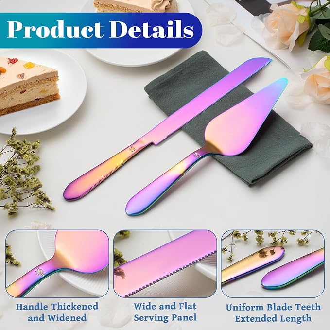 Cake Cutting Set for Wedding, Elegant Cake Knife and Server Set with Thickened Stainless Steel Rounded Edges, Cake Cutter and Pie Spatula for Birthday Anniversary, 2 Pcs, Multipurple