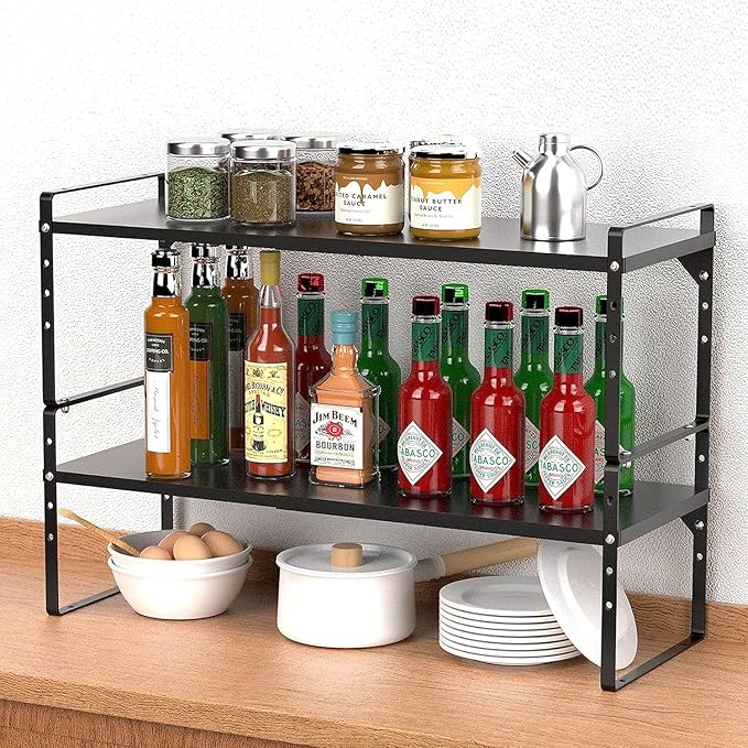 ?랤xpandable Kitchen Cabinet Storage Shelf, Stackable Metal Pantry Storage Shelves Organizer, Adjustable Height Counter Spice Rack for Kitchen Cabinet (Black - 16.5"-27" L x 10.2" W x 9.6" H - 3Pack)