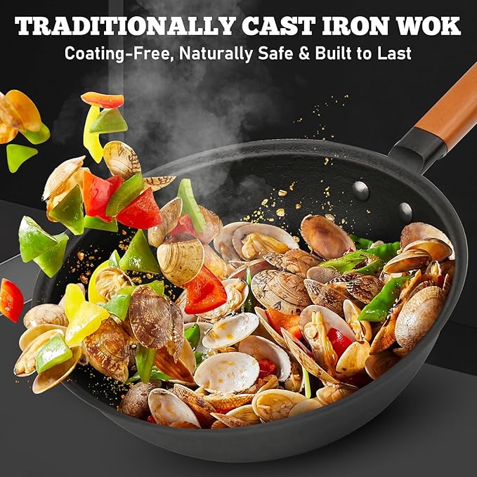 Nonstick Frying Wok Pan Hybrid, 10 Inch Preseasoned Deep Stir Fry Pan Skillet with Glass Lid, Traditional Chinese Cast Iron Wok, No Coated Saucepan for Induction, Electric, Gas, Grill Stoves