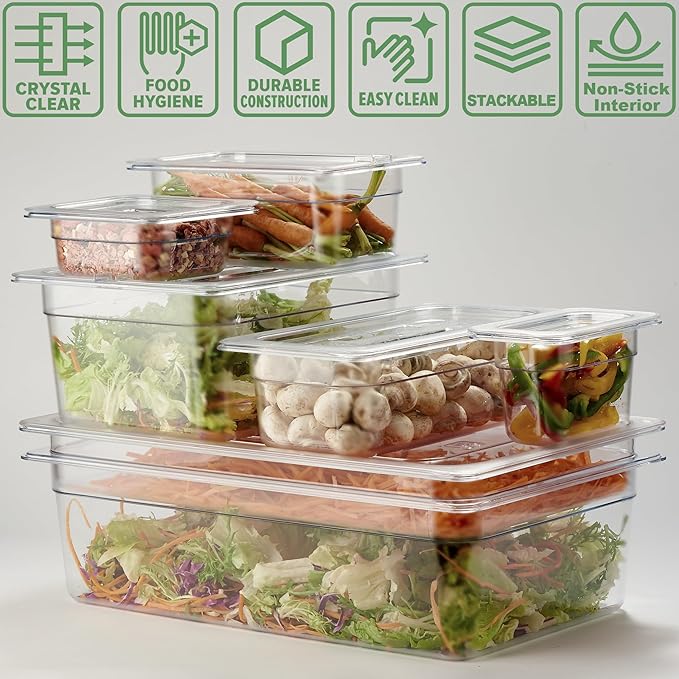 CURTA Commercial Spice Rack Set, NSF Certified, Polycarbonate Inclined Organizer Shelf with 3 1/6 6" Pan(9.6 Cup) & 3 Ladles, Countertop Holder for Seasoning Topping, Freezer Safe