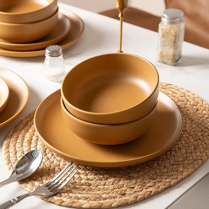 Furrnook 12-Piece Stoneware Dinnerware Set with Mugs | Microwave and Dishwasher Friendly | Stackable Matte Glaze Plates & Bowls | Service for 3 (Orange for 4)