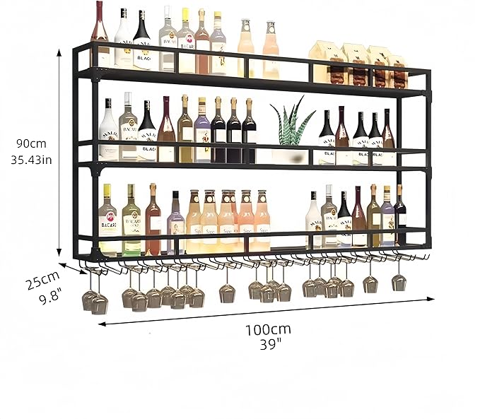 39 Inch Metal Wine Rack Wall Mounted, Bar Shelves Wall Mounted with LED Light, Large 3-Tier Liquor Bar Display Shelf with Wine Glasses for Home Bars, Dining Room & Kitchen, Black