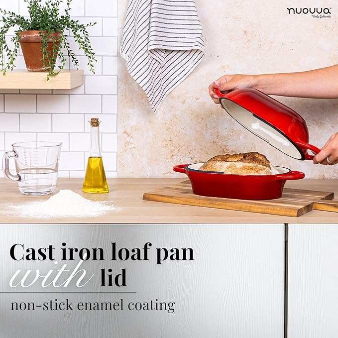 Dutch Oven For Sourdough Bread Baking ??Enamelled Cast Iron Bread Loaf Pot ??Oven Safe Non Stick Bread Pot ??Rectangular, Red, 24cm x 16cm ??by Nuovva