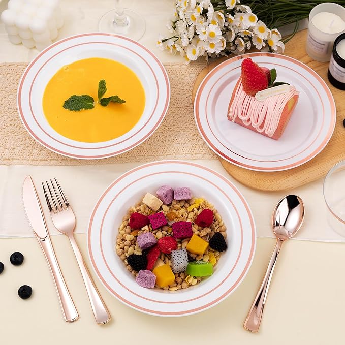 BESTSTAR 50 Pack Disposable Soup Bowls with Rose Gold Rim, 12oz Premium Heavy Duty Plastic Dinner Bowls for Party, Wedding and Holiday