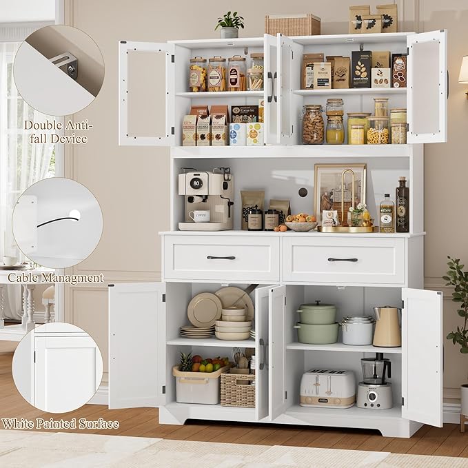 Pantry Storage Cabinet with Microwave Stand, 71" Tall Kitchen Hutch, Large White Pantry Cabinet with Glass Doors for Dining Room