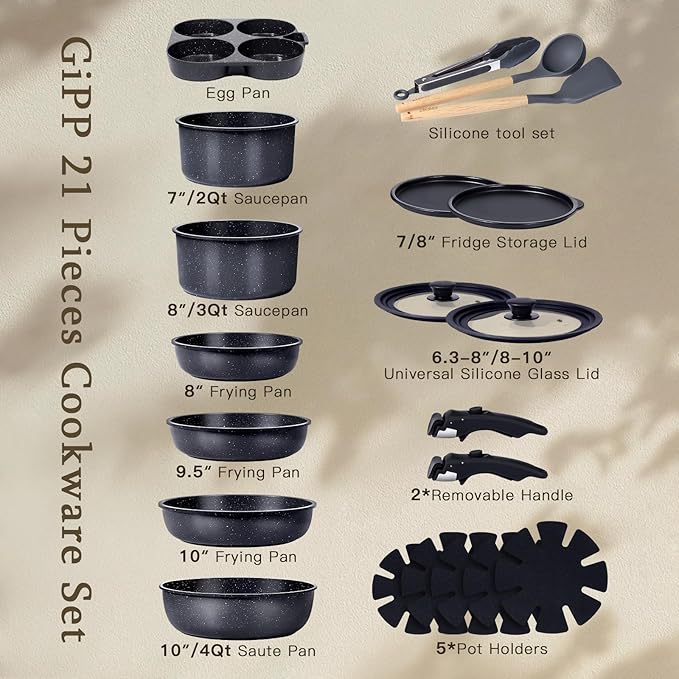 GiPP Ceramic Pots and Pans Set Non Stick, Nonstick Detachable Handle Cookware Sets, Healthy Non Toxic PFAS PFOA & PTFE Free, Dishwasher 竊냀ven Safe, Induction Kitchen Pot and Pan, 21 Piece Grey