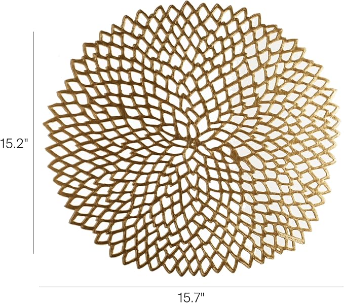Chilewich Set of 8 - Pressed Dahlia Placemats in Brass - Easy Care Openwork Table Mats - Indoor/Outdoor - 15.25'' x 14.25'' Round Chargers