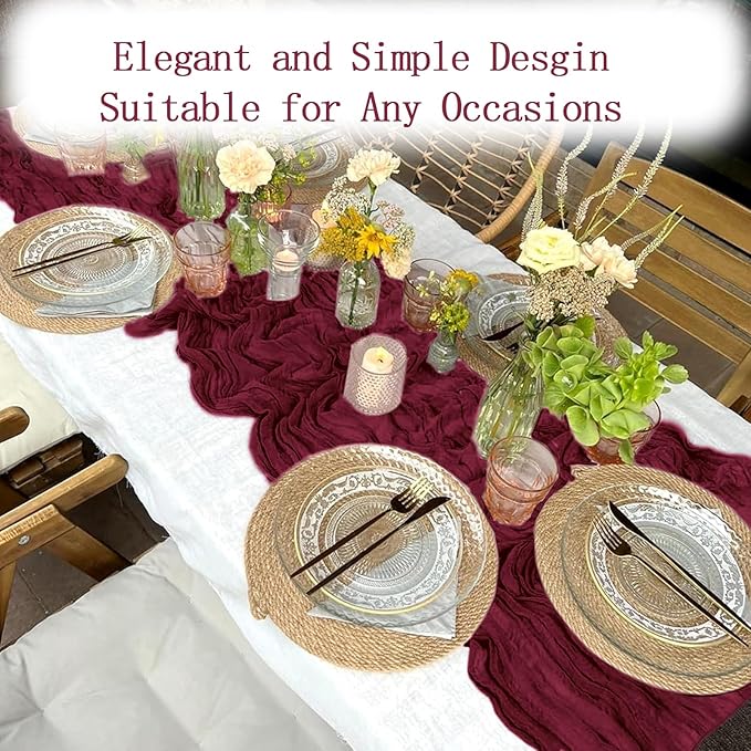 4 Pack Burgundy Cheesecloth Table Runner 20 x 120 inch Gauze Table Runners 10 FT Long,Semi Sheer Boho Cheese Cloth Fabric Table Runner Bulk for Party,Wedding,Baby Shower,Bridal Shower Decoration