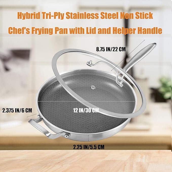 Inqibee 12-Inch Hybrid Tri-Ply Stainless Steel Non Stick Chef's Frying Pan with Lid and Helper Handle,Skillet,Induction Cooking Pan,Dishwasher and Oven Safe