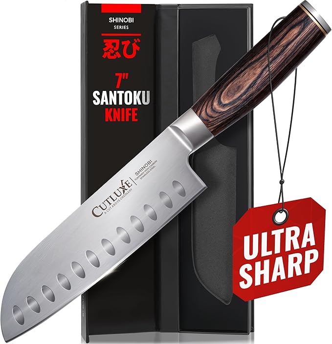 Santoku Knife ??Ultra Sharp 7 Inch Meat and Vegetable Japanese Knife for Chopping, High Carbon Stainless Steel Blade, Full Tang Pakkawood Handle ??Shinobi Series