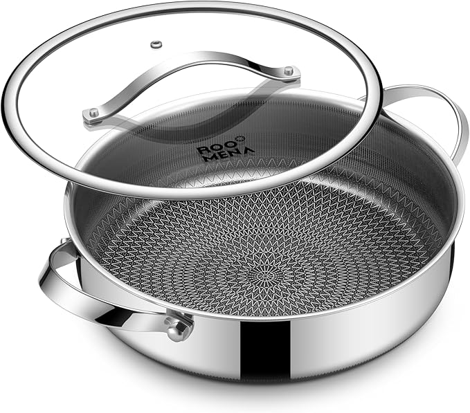 Wok pan with Lid, Hybrid Ceramic 11 Inch Tri-Ply Stainless Steel Wok Pans Nonstick, Non-Toxic, PFAS/PFOA/PTFE Free, Metal Utensil Safe, Dishwasher & Oven Safe, Induction Compatible