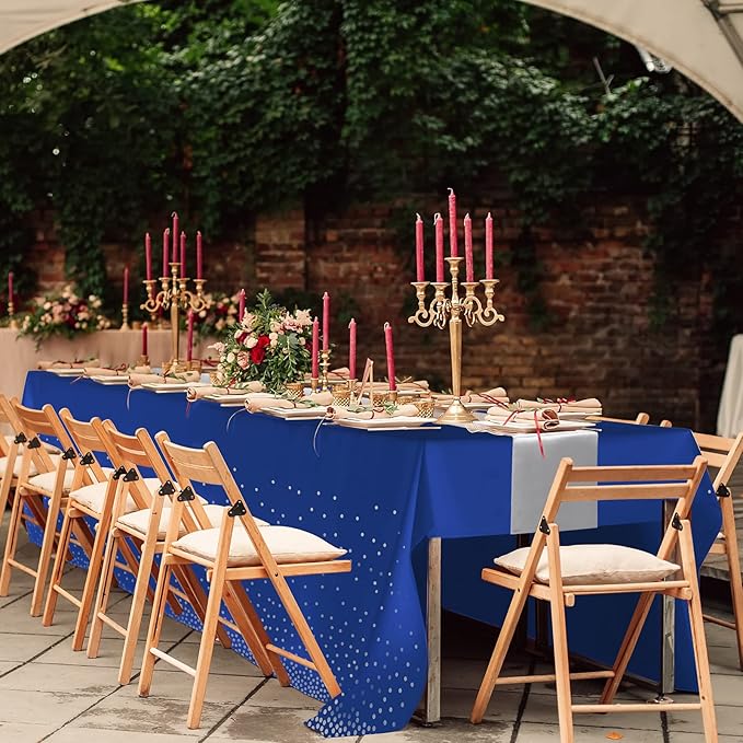 16Pack Disposable Plastic Tablecloths and Satin Table Runner Set Blue and Silver Dot Tablecloth Silver Satin Table Runner for Wedding Birthday Baby Shower Anniversary Christmas New Year Party Supplies