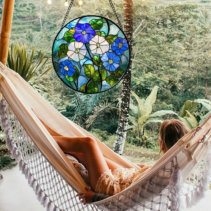 Stained Glass Window Hanging - Blue White Morning Glory Birth Flower Suncatcher for Door Garden Yard Sun Catchers Decor Christmas Mother's Day Birthday Gifts for Women Mom Nana Friend 9.8 in