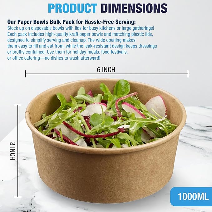Ruthy's Outlet Kraft Salad Bowls W/Clear Lids ??Disposable Paper Salad Containers, Eco-Friendly | Leak-Resistant | Microwave Safe ??Ideal for Meal Prep, To-Go Orders & Catering (25, 32 oz)