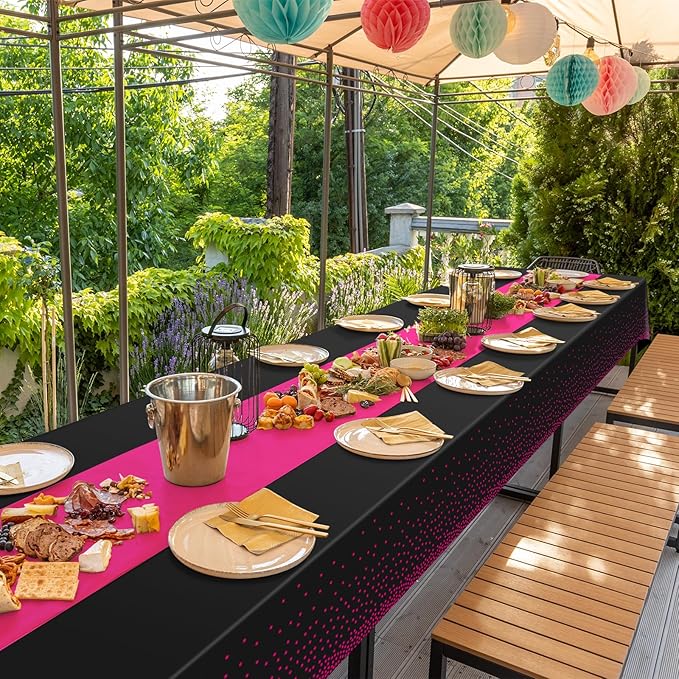 MASHAN 16Pack Disposable Plastic Party Tablecloths and Satin Table Runner Set - Black Hot Pink Dot - Wedding, Birthday, Baby Shower, Anniversary, Holiday Party Decorations
