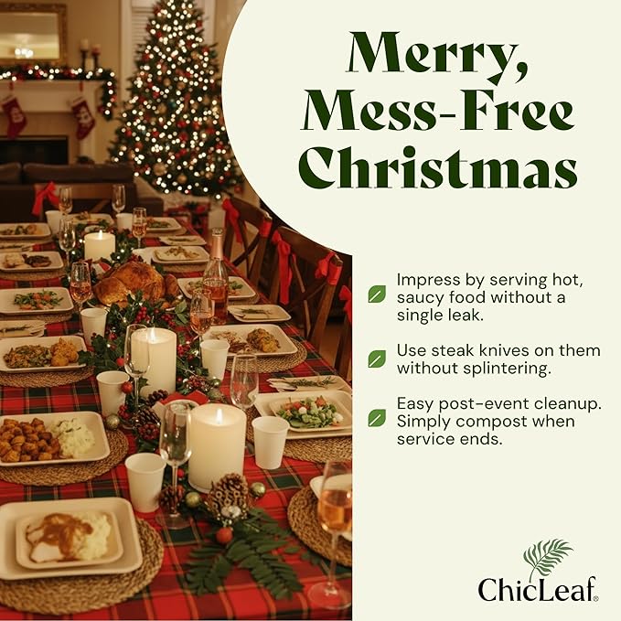 Chic Leaf Compostable & Biodegradable Palm Leaf Disposable Bamboo Plates - Disposable Party Plates for Appetizers - Christmas Meal Dinner, Turkey Holiday Food - Reusable Supplies (10 & 7 Inch Square)