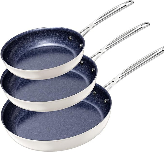 Nuwave 3-Piece Fry Pan Set, 8?? 10?? 12??Forged Lightweight, G10 Healthy Duralon Blue Ceramic Ultra Non-Stick, Induction-Ready & Works on All Cooktops, Ergonomic Stay-Cool Handles