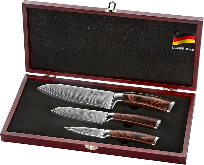 Wakoli EDIB 3-Piece Damascus Kitchen Knife Set in Wooden Gift Box ??Sharp Knives Set made of Genuine Damascus Steel (VG10 Core) ??Santoku, Small Santoku & Paring Knife ??Ergonomic Pakkawood Handles