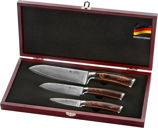 Wakoli EDIB 3-Piece Damascus Kitchen Knife Set in Wooden Gift Box ??Sharp Knives Set made of Genuine Damascus Steel (VG10 Core) ??Santoku, Small Santoku & Paring Knife ??Ergonomic Pakkawood Handles