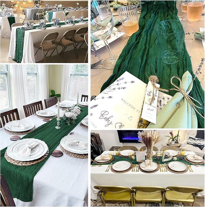 8 Pack Emerald Green Cheesecloth Table Runner 20 x 120 inch Gauze Table Runners 10 FT Long,Semi Sheer Boho Cheese Cloth Fabric Table Runner Bulk for Wedding,Party,Baby Shower,Bridal Shower Decoration