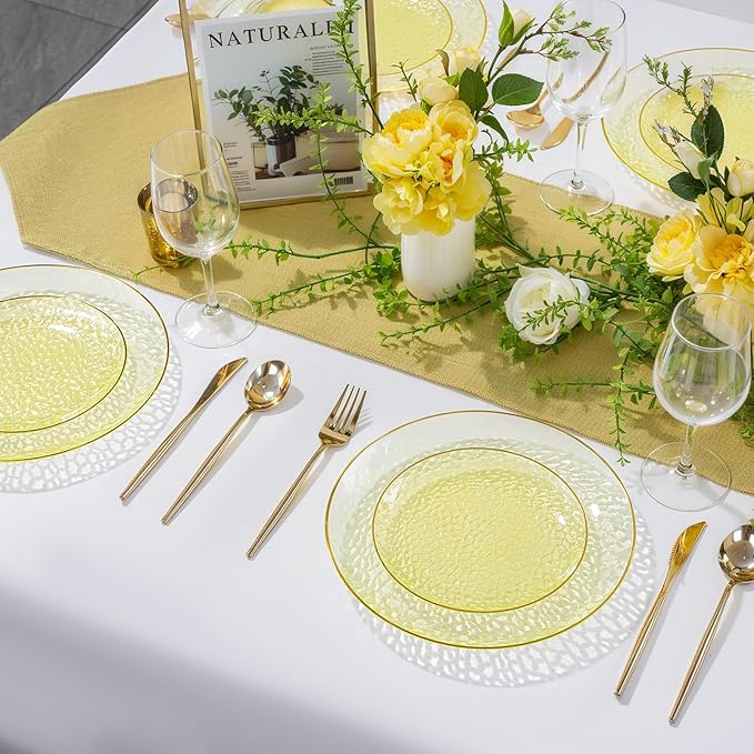 Rubtlamp 100Pcs Yellow Gold Plastic Plates, Yellow Disposable Plates With Gold Rim, Clear Heavy-duty Party Supplies, Hammered Plastic Plates Include 50 Dessert Platos, 50 Dinner Platos for Party