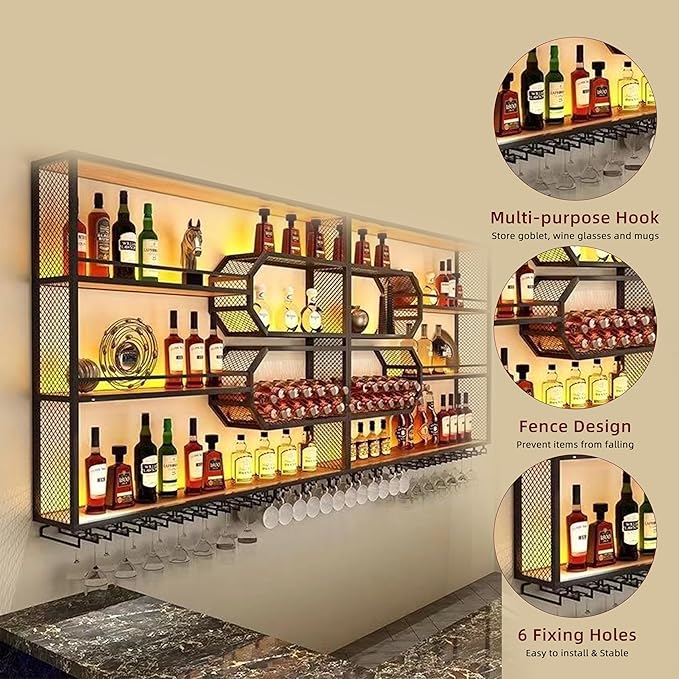 4-Tier Wine Rack Wall-Mounted & 39Inch Large Bar Shelf for Liquor Bottles, Black Metal Storage for Wine and Liquor Bottles in Home Bars or Dining Rooms (No Lighting, Right)