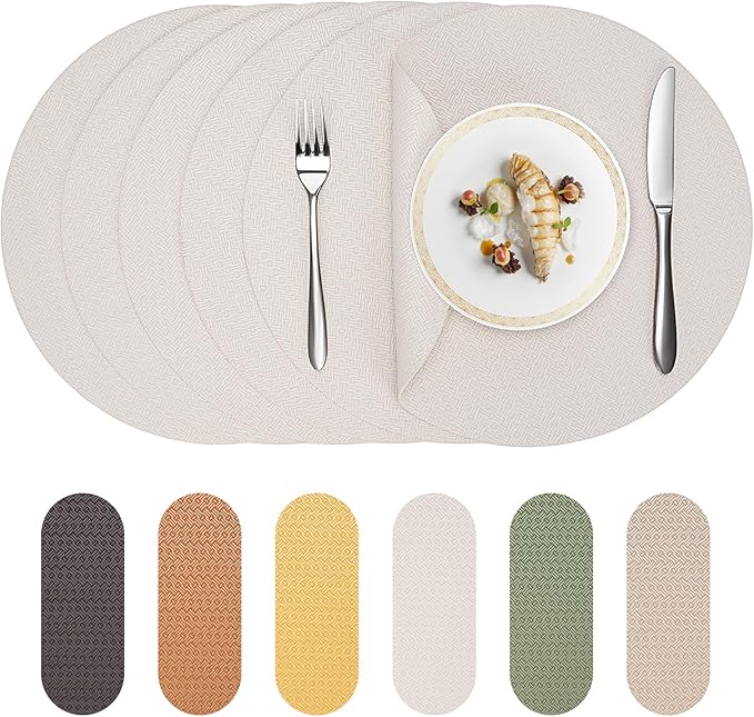 PROMATTOO Round Faux Leather Placemats Set of 6 – 13 Inch Vinyl Mats, Heat Resistant, Non Slip, Wipeable & Washable, Easy to Clean Dining Table Decor for Kitchen & Holiday Gatherings（Ivory White）