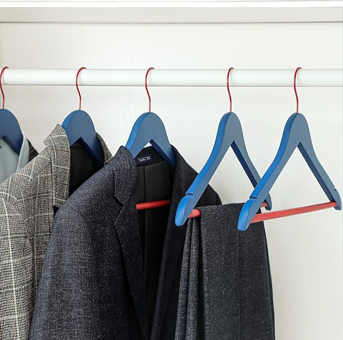 TOPIA HANGER Premium Wooden Hangers with Non-Slip Pant Bar, 360째Swivel Hook and Shoulder Notches, 16 Pack Solid Wood Clothes Hangers for Suit, Coat, Jacket, Camisole(Blue/Red)-CT35BR2