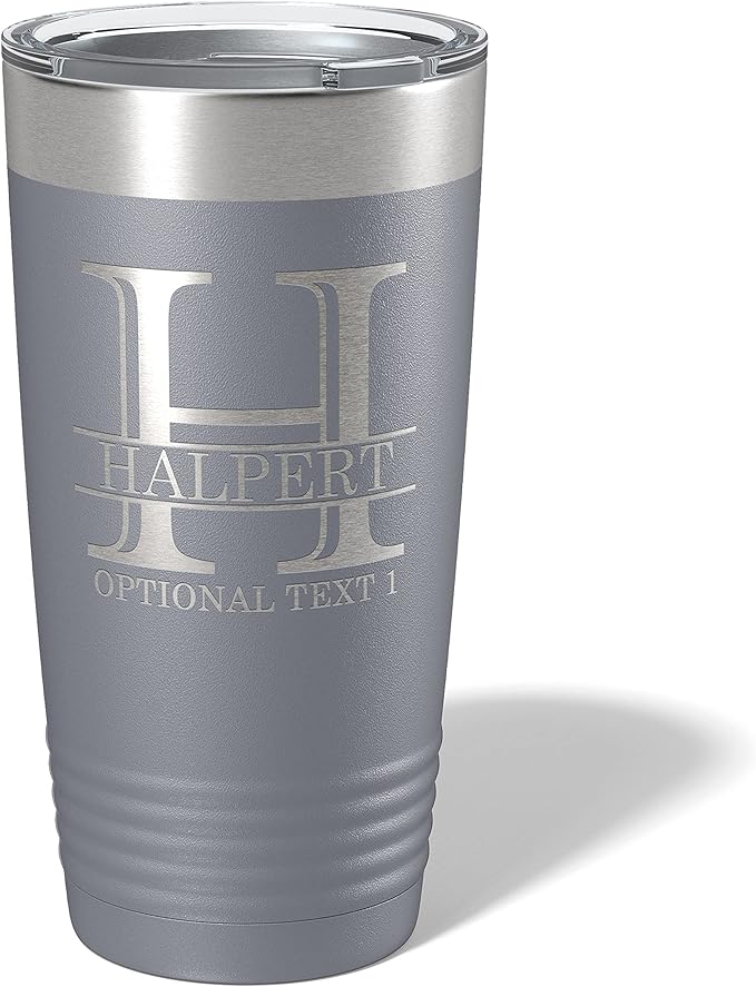 Personalized 20oz (17 Colors) Powder Coated Insulated Stainless Steel Tumbler with Lid, Custom Etched, Customized Engraved Gift Idea for Women Men Her Him, Halpert Monogram Initial Name (Gray)