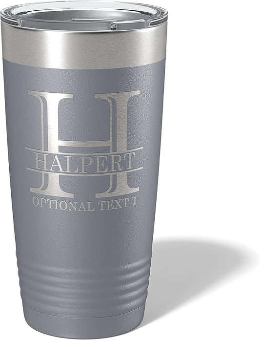 Personalized 20oz (17 Colors) Powder Coated Insulated Stainless Steel Tumbler with Lid, Custom Etched, Customized Engraved Gift Idea for Women Men Her Him, Halpert Monogram Initial Name (Gray)
