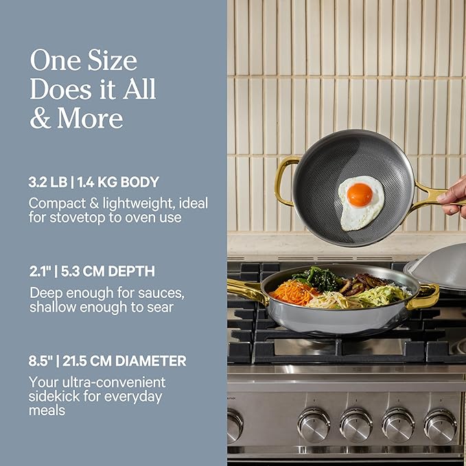 Our Place Mini Titanium Always Pan Pro | 8.5" PFAS-Free Nonstick Frying Pan with Spatula | Chef-Grade Tri-Ply Stainless Steel & Aluminum Build | Induction & Oven-Safe up to 750째F | Gold