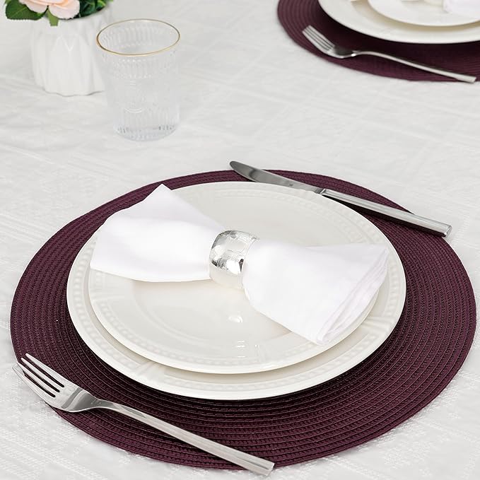 HODJOY Placemats Set of 6, Round Placemats for Dining Tables, Woven Washable Non-Slip Placemats 15 inch for Thanksgiving, Purple